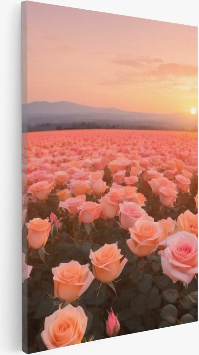 Saammp Canvas Schilderij - Landschap - Roze Bloemenveld - Natuur - 60x90 - Foto op canvas - Wanddecoratie - Muurdecoratie Woonkamer - Slaapkamer decoratie - Canvas Print Multicolor