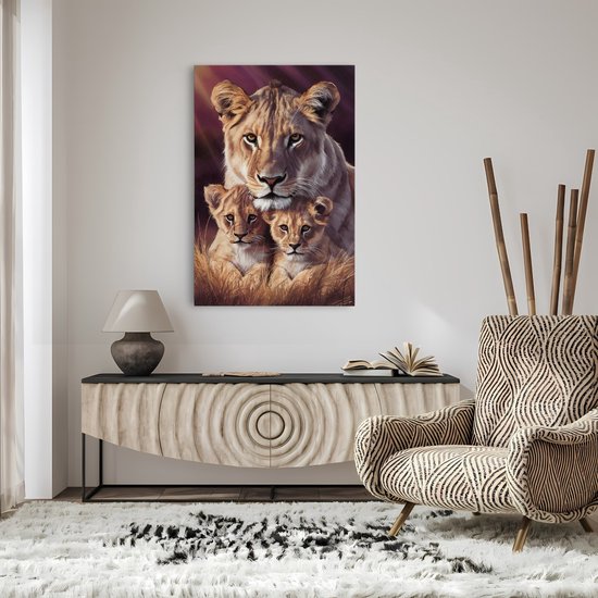 Tableau sur toile Saammp - Lion avec 2 petits - Abstrait - Animaux - 60x90 - Photo sur toile - Décoration murale - Décoration murale Salon - Décoration chambre - Impression sur toile
