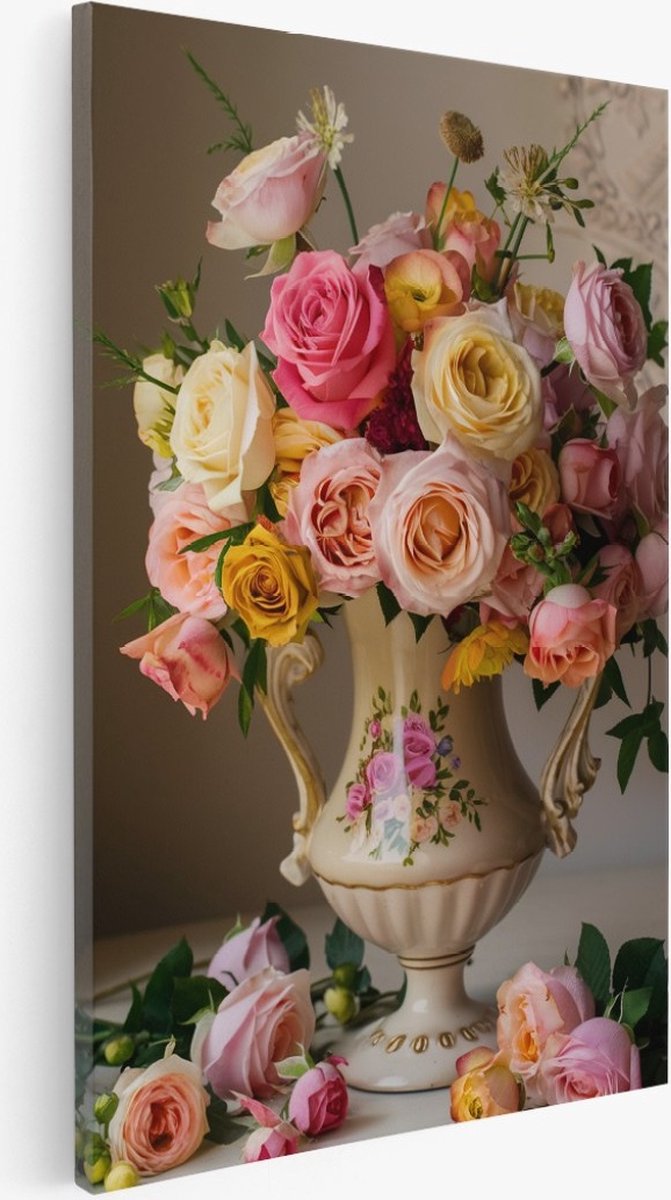 Saammp Canvas Schilderij - Roze Rozen in Klassieke vaas - bloemen - Abstract - 75x100 - Foto op canvas - Wanddecoratie - Muurdecoratie Woonkamer - Kantoor Decoratie Multicolor