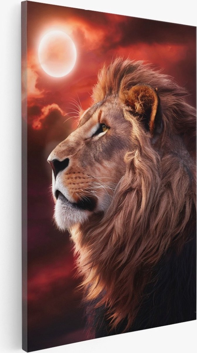 Saammp Canvas Schilderij - Leeuw met rode lucht - Natuur - Dieren - 40x50 - Foto op canvas - Wanddecoratie - Muurdecoratie Woonkamer - Slaapkamer decoratie - Canvas Print Multicolor