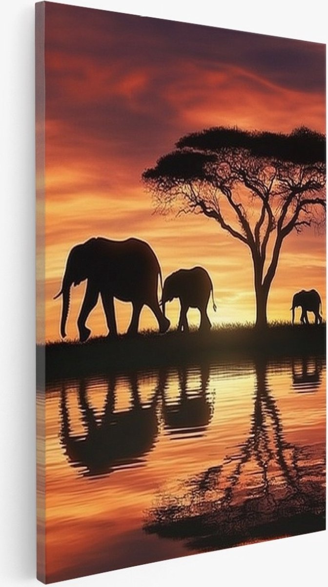 Saammp Canvas Schilderij - Olifant - Afrika - Silhouet - Dieren - 40x60 - Foto op canvas - Wanddecoratie - Muurdecoratie Woonkamer - Slaapkamer decoratie - Canvas Print Multicolor