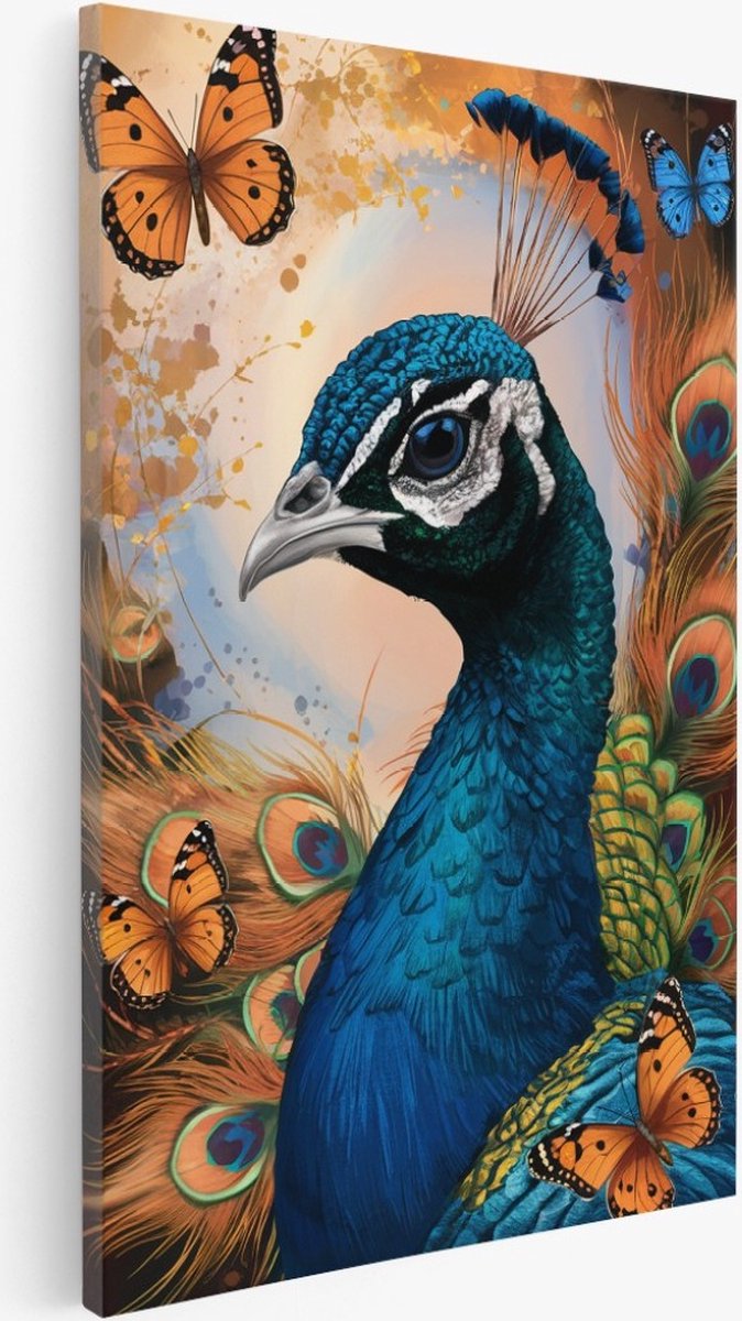 Saammp Canvas Schilderij - Pauw tussen de vlinders - Abstract - Dieren - 40x60 - Foto op canvas - Wanddecoratie - Muurdecoratie Woonkamer - Slaapkamer decoratie - Canvas Print Multicolor