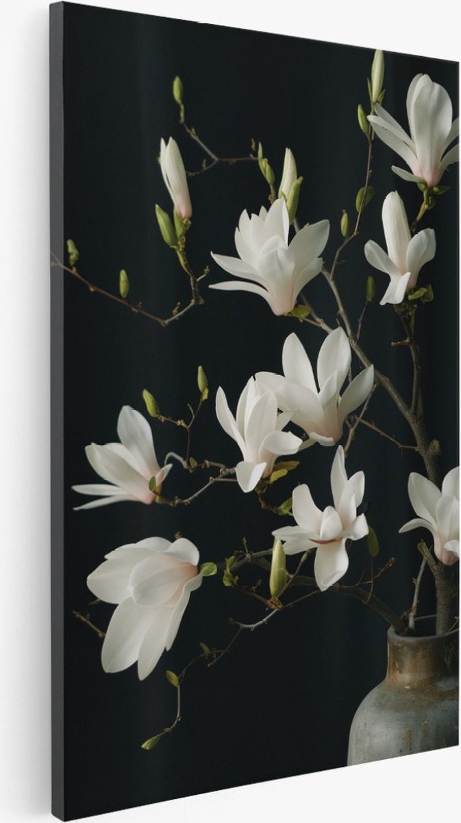 Saammp Canvas Schilderij - Witte bloemen in grijze vaas - 80x120 - Foto op canvas - Wanddecoratie - Muurdecoratie Woonkamer - Kantoor Decoratie Multicolor