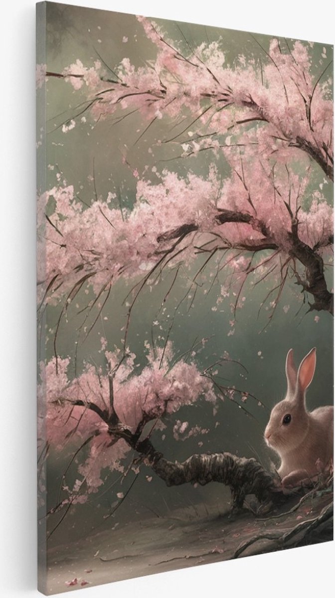 Saammp Canvas Schilderij - Haas bij roze boom - Landschap - Natuur - 40x60 - Foto op canvas - Wanddecoratie - Muurdecoratie Woonkamer - Slaapkamer decoratie - Canvas Print Multicolor