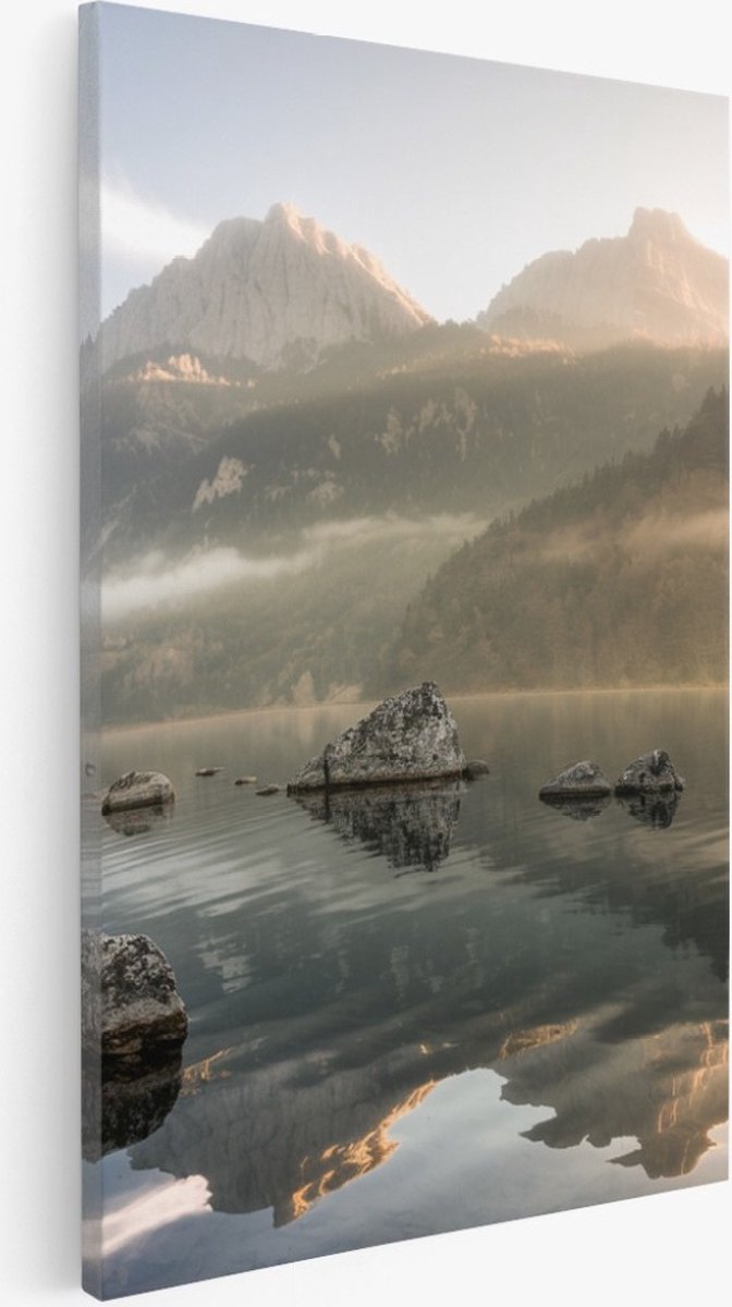 Saammp Canvas Schilderij -Mistig Landschap - Rotsen - Natuur - 40x60 - Foto op canvas - Wanddecoratie - Muurdecoratie Woonkamer - Slaapkamer decoratie - Canvas Print Multicolor