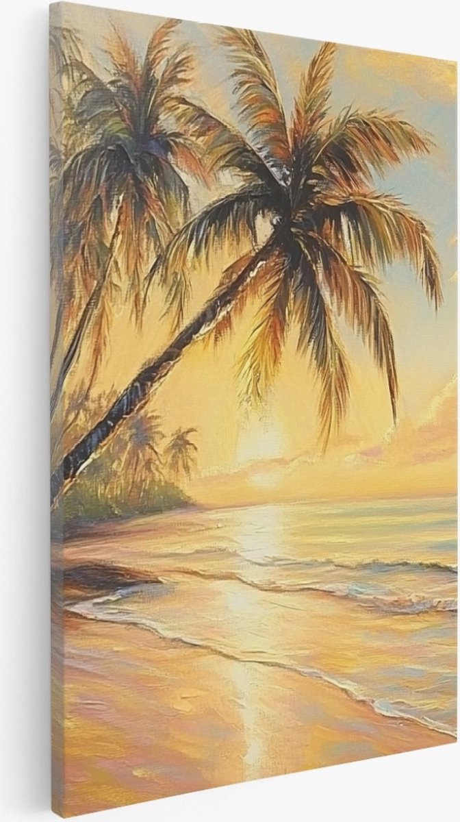 Saammp Canvas Schilderij - Strand met Palmbomen - Zee - Abstract - 40x60 - Foto op canvas - Wanddecoratie - muurdecoratie Woonkamer - Slaapkamer decoratie - Canvas Print Multicolor