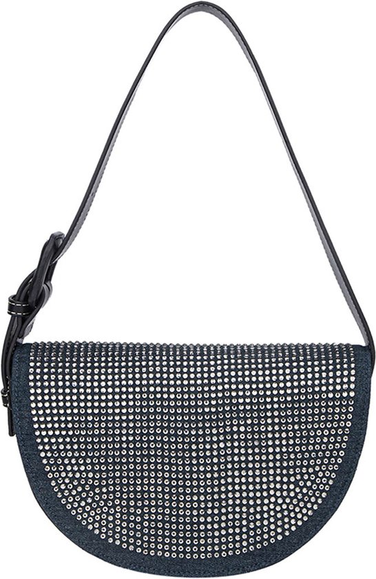 Donkerblauwe schoudertas met zilveren studs, halve maanvorm.