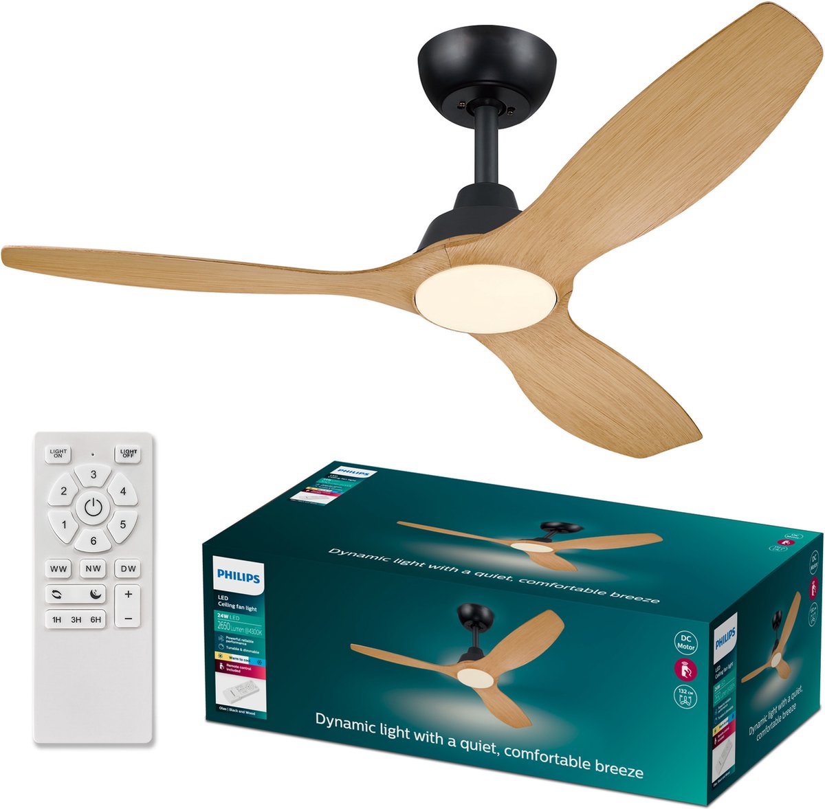 Philips Olas Ventilator - Energiezuinige LED verlichting - Plafondlamp - Instelbare kleurtemperatuur - 24W - 132cm diameter - Afstandsbediening - Zwart met houtlook