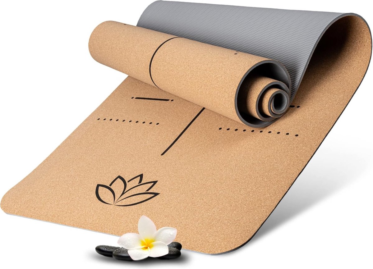 WELLAX yogamat kurk – antislip, duurzaam & vrij van schadelijke stoffen – dikke kurk yogamat 183x61x0,6cm – draagriem & tas – professionele mat yoga, pilates, fitness