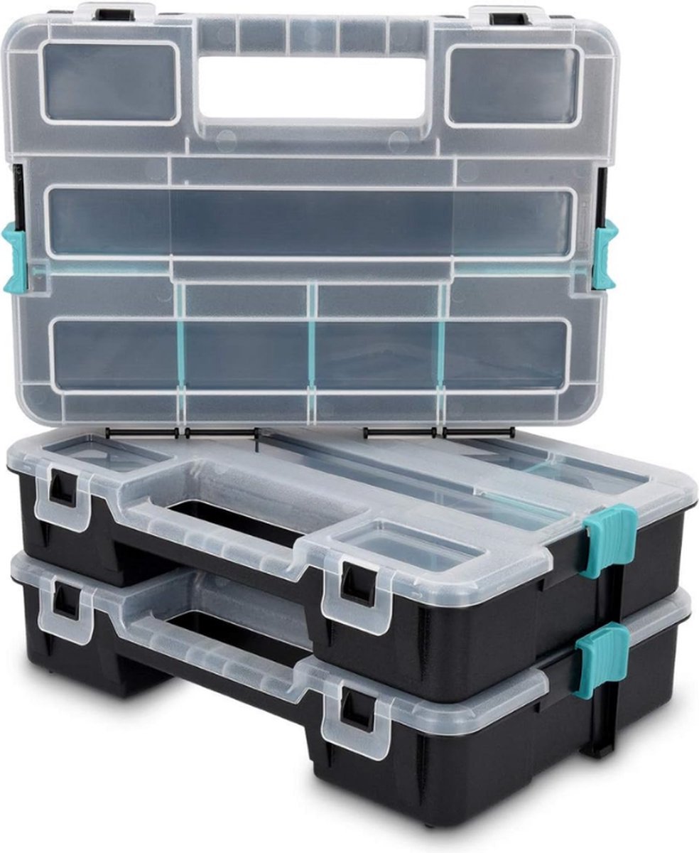 Organizer Stapelbare Opbergdoos Set Van 3 Met Verdelers en Compartimenten Schroevendoos 31 5 x 22 5 x 19 8 cm Zwart en Wit