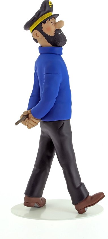 Kapitein Haddock figuur met blauwe coltrui en zwarte broek, van opzij gezien.