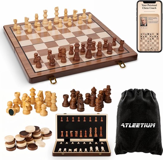 Atleetium Schaakbord met Schaakstukken - Schaakspel - Dambord met Damstukken - Damspel - Chess - Schaken & Dammen - Inclusief GRATIS E-book - 40cm - Hout