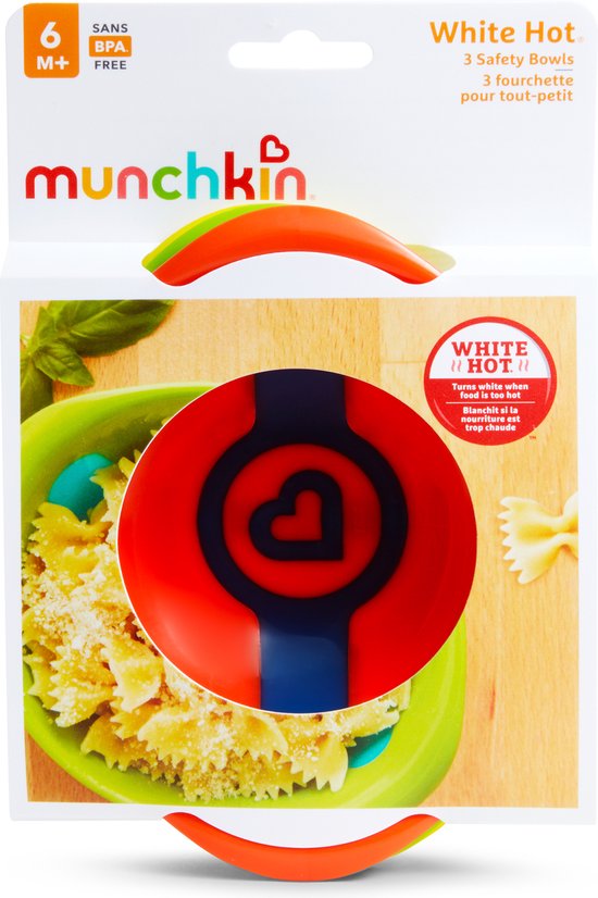 Verpakking met Munchkin White Hot kommetjes, toont groen kommetje met eten.