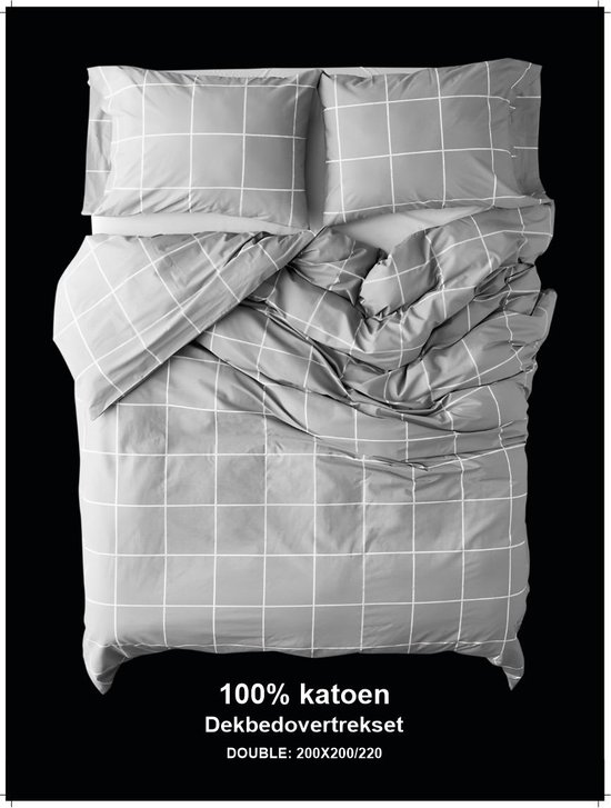 Housse de couette Saphira 200x200/220 cm - Double - 2 Personnes - Carreaux Grijs - Grijs - Motif à carreaux intemporel - 100% Katoen - Doux et résistant