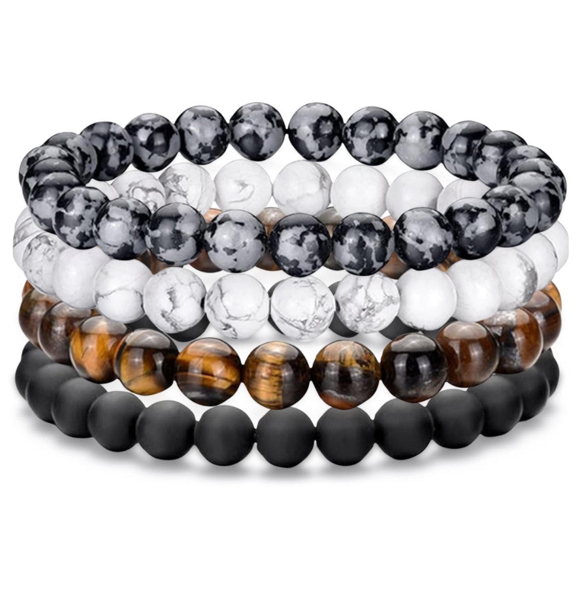Nalussa's Natuursteen Armbanden - Kralen Armbandjes set van 4 - Natuursteen Multi Armband - Grijs, Wit, Bruin, Zwart - Armband Heren - Sieraden - Cadeau