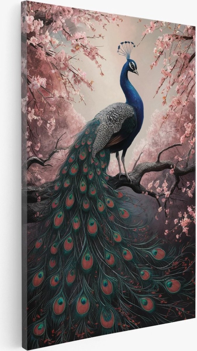 Saammp Canvas Schilderij - Roze bloesem met pauw - Abstract - Bloemen - 20x30 - Foto op canvas - Wanddecoratie - Muurdecoratie Woonkamer - Kantoor Decoratie Multicolor