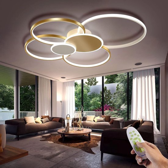 Amdelne LED plafondlamp woonkamer 50 cm 2-ringen design, 36W plafondverlichting modern met afstandsbediening dimbaar, uit metaal acryl, met geheugenfunctie, voor slaapkamer eetkamer kantoor, wit hout