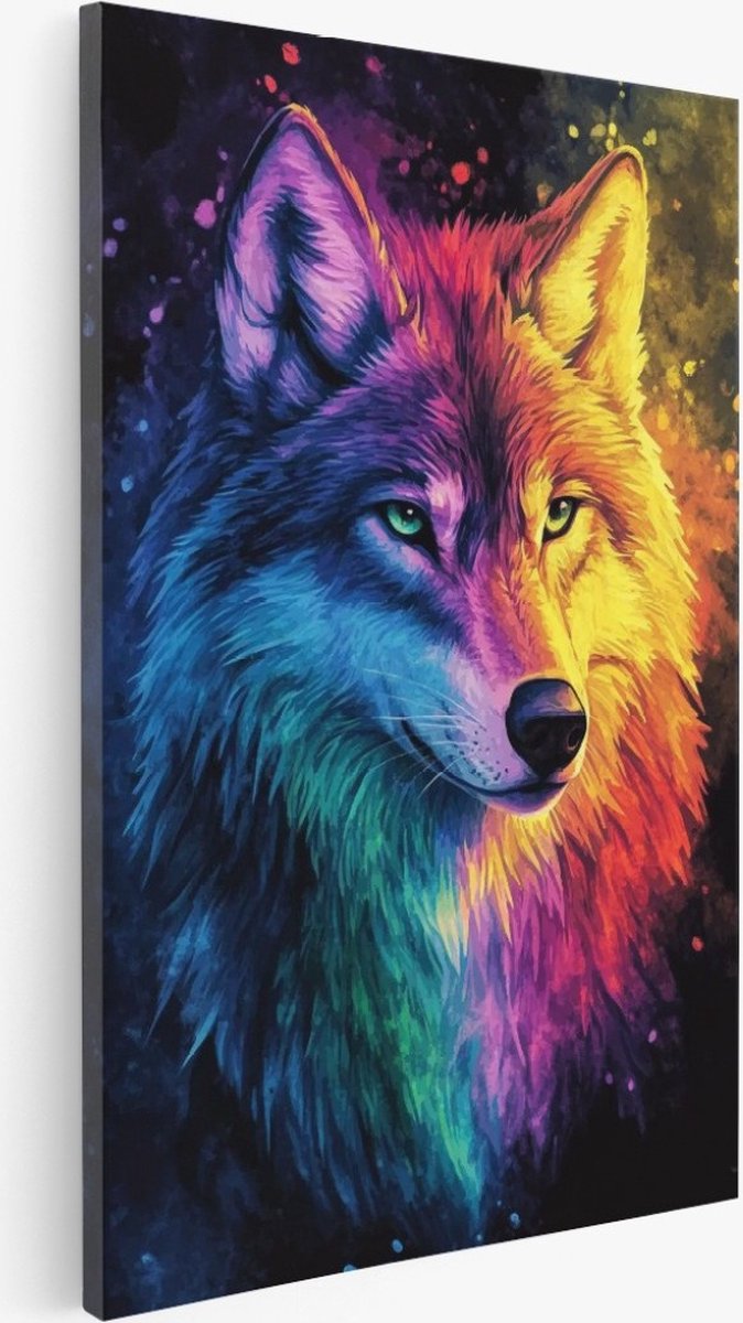 Saammp Canvas Schilderij - Abstract - wolf - Kleurrijke Kunst - Dieren - 20x30 - Foto op canvas - Wanddecoratie - Muurdecoratie Woonkamer - Slaapkamer decoratie - Canvas Print Multicolor