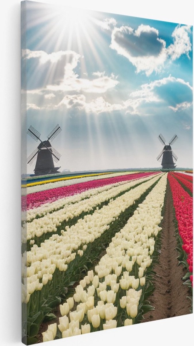 Saammp Canvas Schilderij - Kleurrijk Tulpenveld - Natuur - Landschap - 30x40 - Foto op canvas - Wanddecoratie - Muurdecoratie Woonkamer - Slaapkamer decoratie - Canvas Print Multicolor