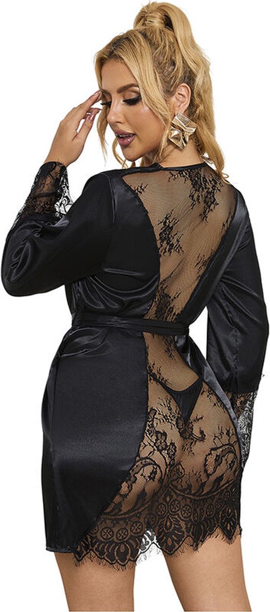 SUBBLIME - 954000 KANTEN HEMDJE MET TRANSPARANTE ACHTERKANT + STRING ZWART L/XL | LINGERIE | SEXY LINGERIE | LINGERIESET | EROTISCHE LINGERIE