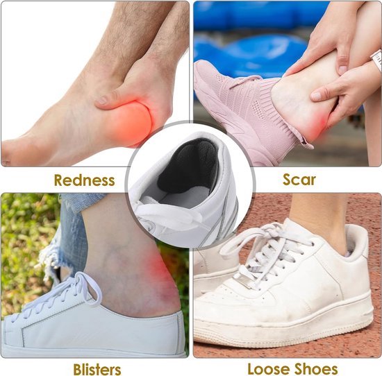 Afbeeldingen die roodheid, litteken, blaren en losse schoenen illustreren, met een inzetstuk van een hielkussentje in een schoen.