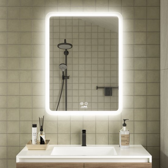 Foto: Cityline badkamer spiegel met verlichting en verwarming alghero 80 x 60 cm led anti condens instelbare lichtkleur dimbaar voorzien van touchknoppen