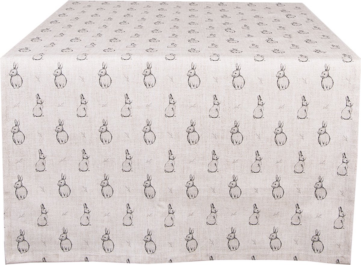 Clayre & Eef Tafelloper 50x140 cm Beige Grijs Katoen Konijn