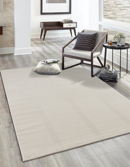 VIMODA Vloerkleed voor woonkamer/slaapkamer, pluizig, kortpolig – wasbaar en geschikt voor vloerverwarming, kleur: crème; afmeting: 80x140 cm