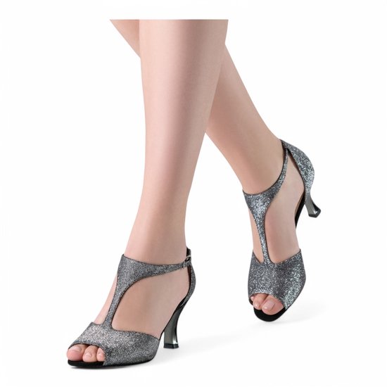 Chaussures de Danse Femme Werner Kern Jamie Salsa, Latin, Kizomba, Tango - Glitter Argent - Semelles Daim - Talon Métallique 6,5 cm - Bout Ouvert - Werner Kern - Noir Zwart - 34