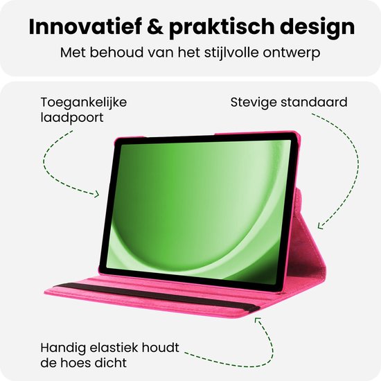 Innovatieve donkerroze tablethoes met een tablet, die toegang biedt tot de laadpoort en stevige standaard.