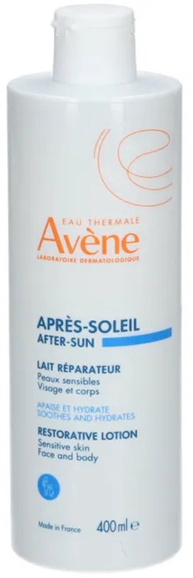 Witte fles Avene After-Sun herstellende lotion, 400 ml, voor gezicht en lichaam.