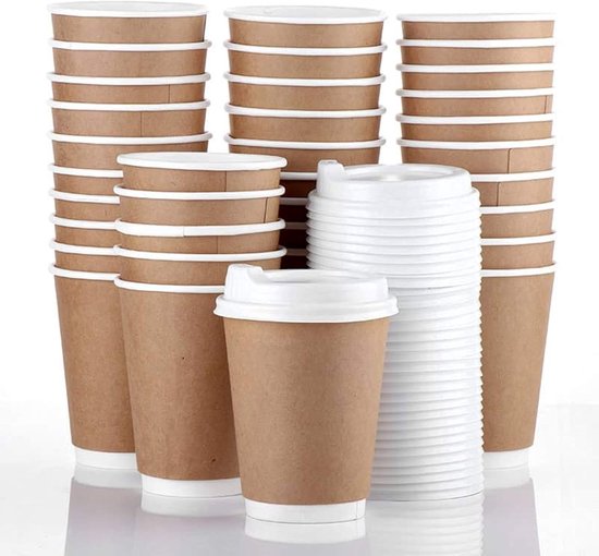 Kartonnen Koffiebeker to go 8oz 240ml bruin_wit + witte deksels- 50 Stuks- wegwerp papieren bekers karton – drank bekers – drinkbekers- koffie beker – wegwerpbeker – Koffiekopjes – Koffiemokken - Warme en Koude Dranken