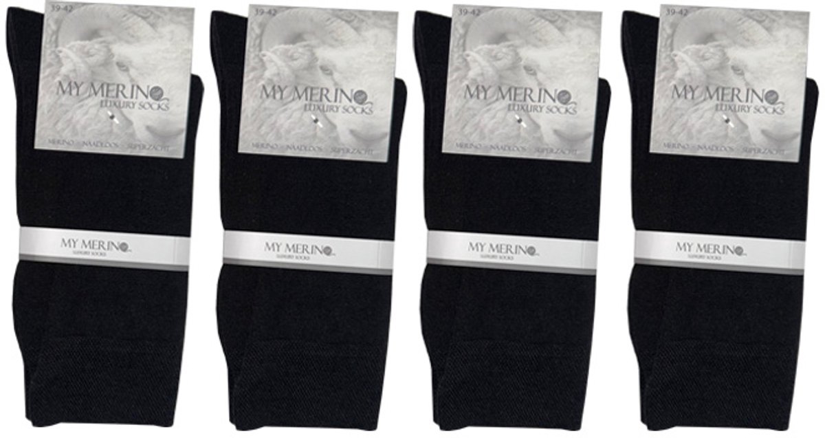 4 Paar Merino Sokken - Badstof Voetbed - Merino Wollen Sokken - Maat 46-47 - Naadloos - Zwart - Merino Wol - Dames en Heren - Merino Wollen Kousen - Zacht