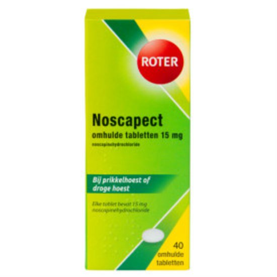 Doos Roter Noscapect omhulde tabletten 15 mg, 40 tabletten.