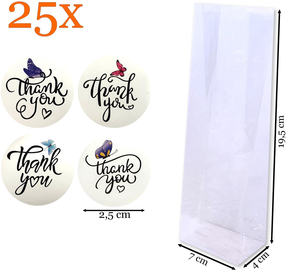 Prigta - Cadeauzakjes Transparant + Sluitstickers Thank You met Vlinders – 25 Stuks – 7x4x19,5 cm – Feestelijke Blokbodemzakjes