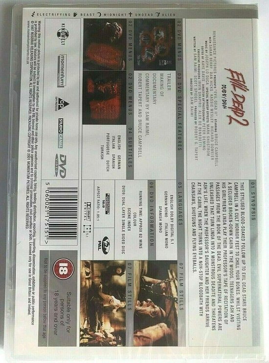 De achterkant van een Evil Dead 2 DVD-hoes met details over de film en de special features.