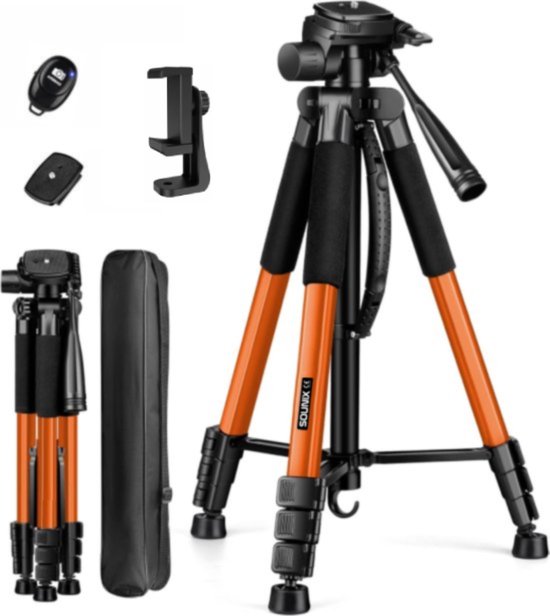 Sounix Camera statief - telefoon statief - 188 cm - Incl. Bluetooth Afstandsbediening - Tripod met Smartphone telefoon houder - tripod smartphone - Aluminium - Oranje