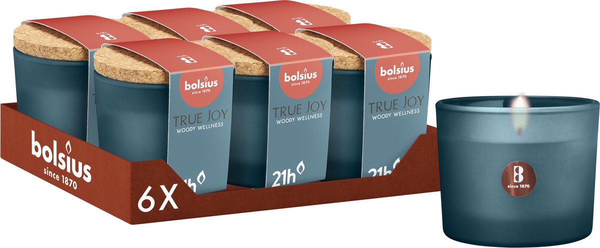 Bolsius True Joy - 6 Geurkaarsen met Kurken Deksel - Woody Wellness - Blauw - Voordeelverpakking - Geur Kaars