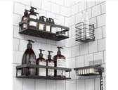Zonder Boren, No-Drilling Adhesive Wandmontage Badkamer Doucheplank, Bathroom Organizer voor Badkamer Keuken Opslag, Zwart (Met zeepdoosje en tandenborstelhouder)