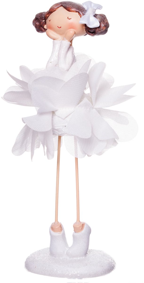 Stijlvol & Ludiek Beeldje – Bloemenmeisje (16 cm, Polyresine, Witte Stofjurk)