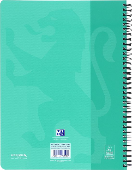 Bloc-notes Oxford turquoise avec grand imprimé de lion gris. Le dessous avec logos et code-barres.