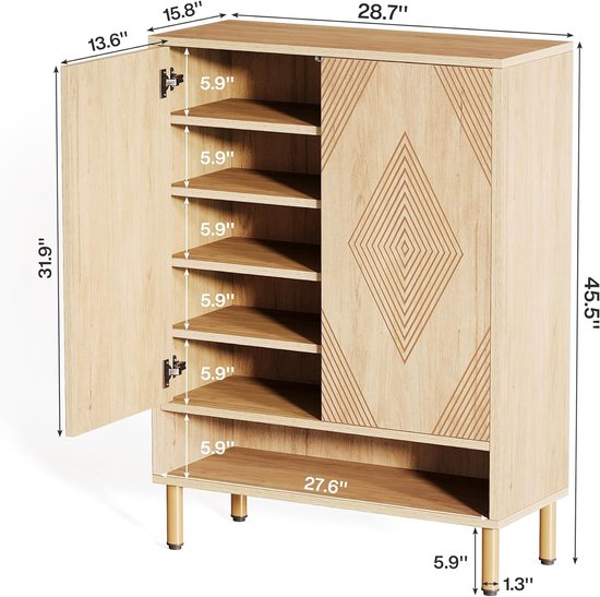 Tribesigns - Étagère à chaussures pratique avec 2 portes - Étagère à chaussures avec 7 niveaux - Meuble à chaussures - Moderne - Bois - 73 x 35 x 115 cm - Marron