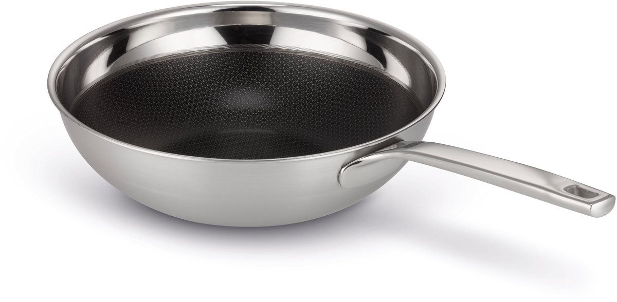 KitchenFun Hexa hybrid ns Wokpan Ø 30CM – RVS- 100% PFAS Vrij – Hybride Keramische Anti-aanbaklaag – Strak design – Ergonomische Steel – Inductie geschikt- Grijs