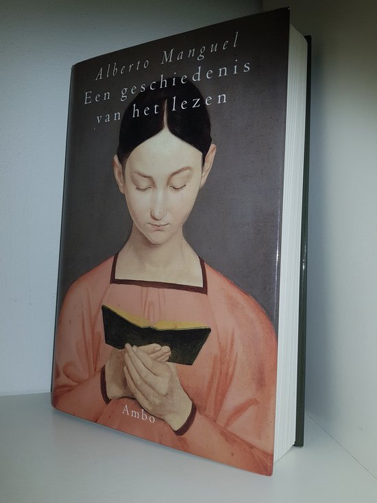 Het omslag van het boek 'Een geschiedenis van het lezen' met een schilderij van een vrouw in een roze jurk die een boek vasthoudt.