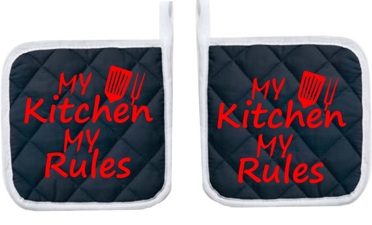 Eizook Pannenlappen 2 Stuks Navy Bedrukt - MY KITCHEN MY RULES - In Rood- Zacht Katoen met Polyester Pannenonderzetter Hittebestendige Pannenlap tot 250°C