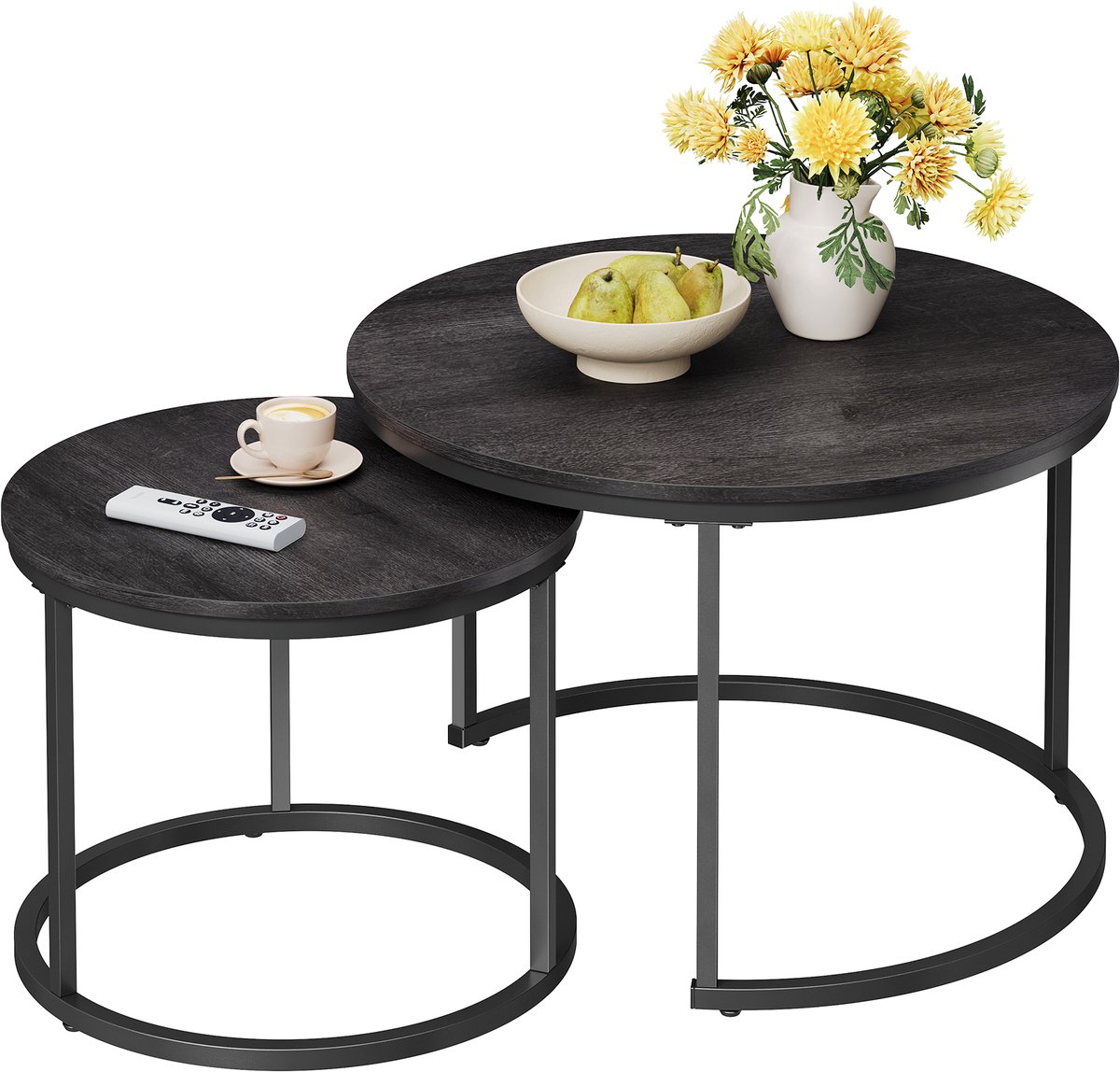 ACAZA Salontafel - Salontafel rond - Zwart - Hoogte 48 en 42 cm - Set van 2 Salontafels - Diameter 72 en 52 cm - Ronde Salontafel - Salontafel Industrieel - Klein Tafeltje - Salon Tafel - Table basse de salon - Kleine Tafel - Salontafels