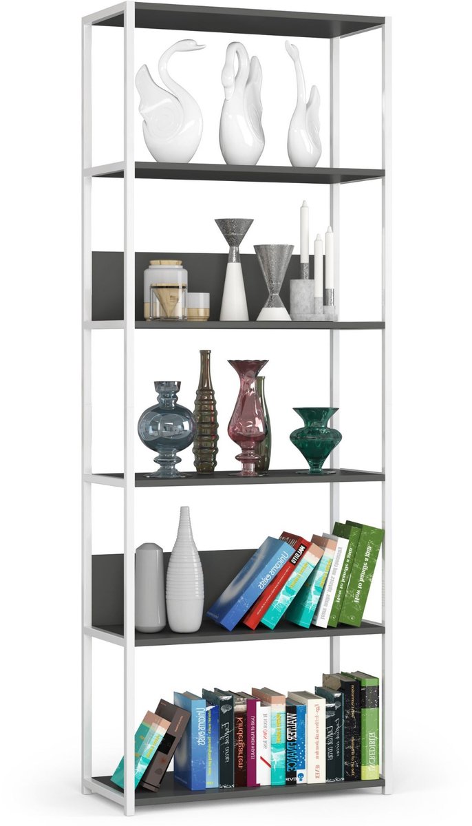 Open Boekenkast, Ladderkast, Loft Design / Metalen Vakkenkast met 6 Planken / Opbergplank / Boekenrek Opslagrek / Wit - Grafietgrijs / 70 x 192 x 32 cm