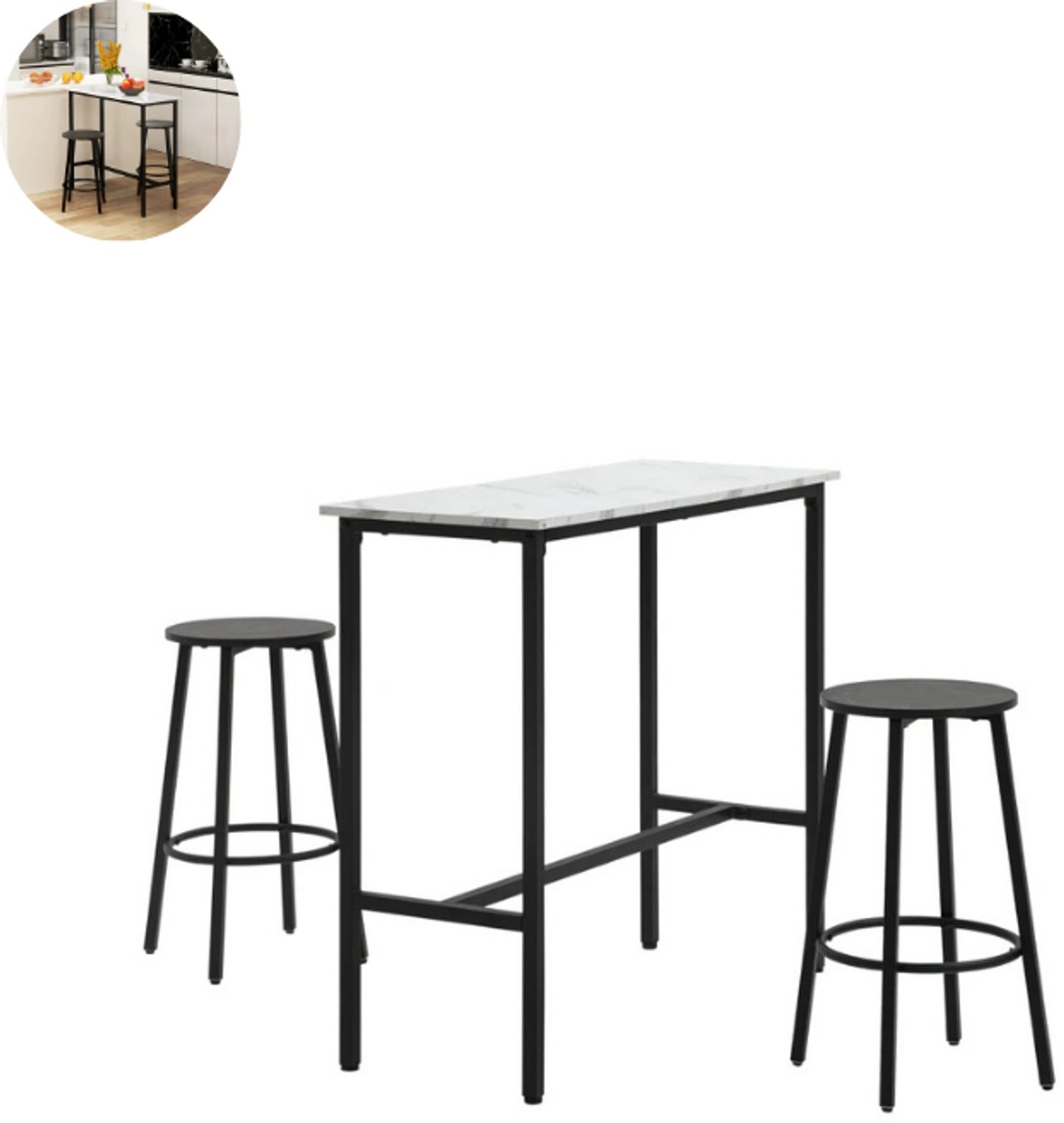GranMaison Bartafel keuken - Bartafel Set - Barkruk - Barstoel - Keukenstoel - Voetsteun - Zwart+Wit