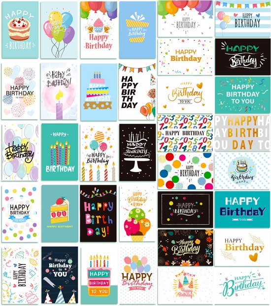 Feestio Verjaardagskaarten met Envelop - Verjaardagskaart - 36 Stuks Wenskaarten - Kinderen en Volwassenen - 10 x 15 cm