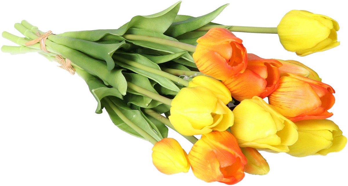 Bellatio Design Kunst tulpen boeket Sally - 7x stuks - geel/oranje - real touch - 47 cm Zalmroze